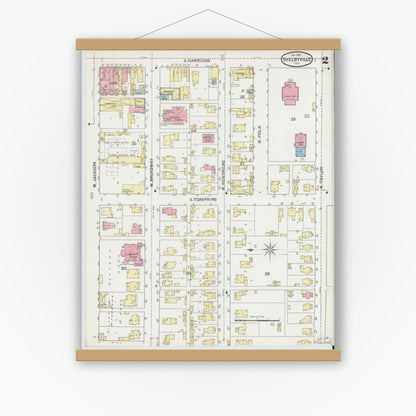 Old map wall art mockup — magnetic wood frame on white wall — Sanborn Fire Insurance Map from Shelbyville, Shelby County, Indiana (1893), Sheet #0002