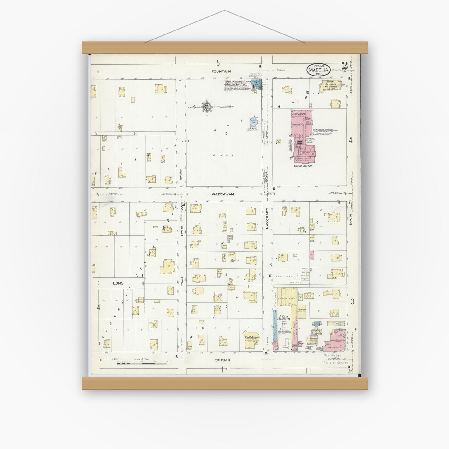 Old map wall art mockup — magnetic wood frame on white wall — Sanborn Fire Insurance Map from Madelia, Watonwan County, Minnesota (1914), Sheet #0002