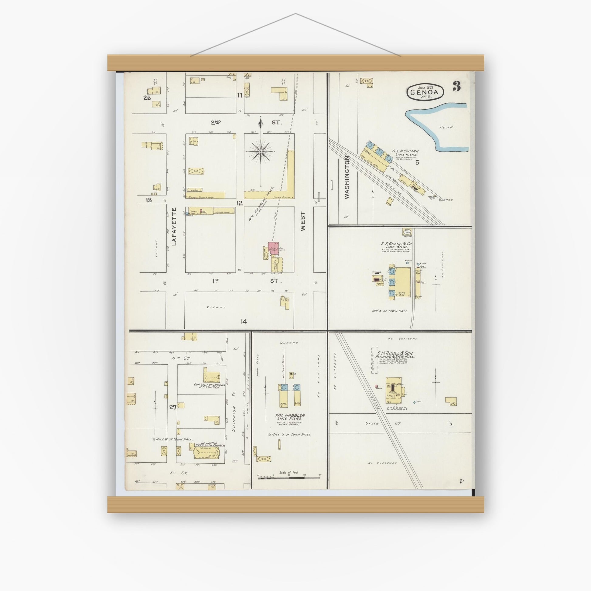 Old map wall art mockup — magnetic wood frame on white wall — Sanborn Fire Insurance Map from Genoa, Ottawa County, Ohio (1893), Sheet #0003