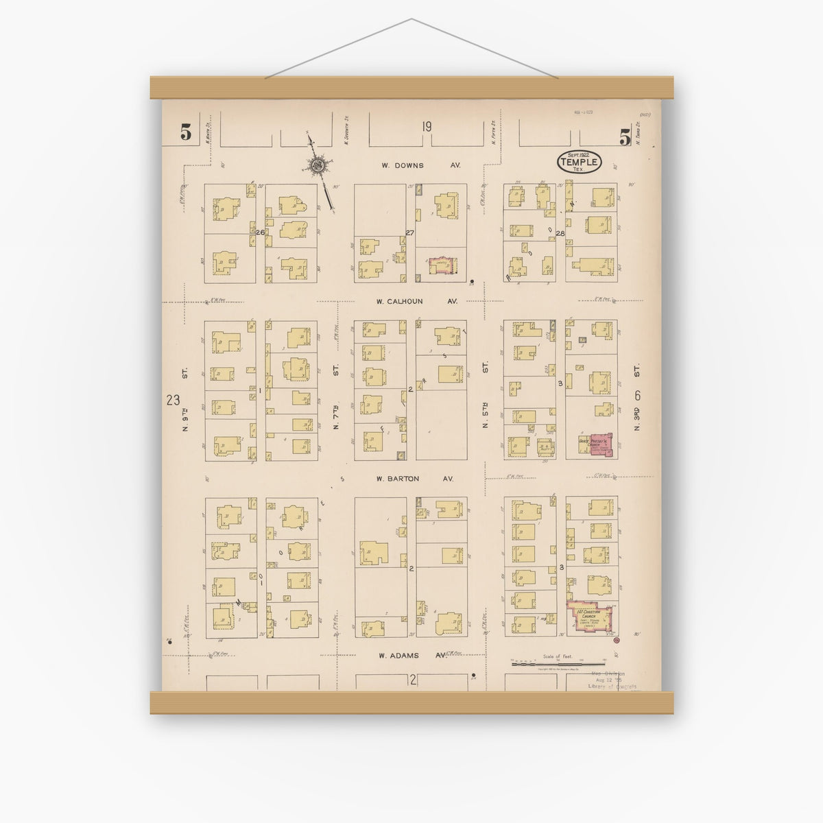 Old map wall art mockup — magnetic wood frame on white wall — Sanborn Fire Insurance Map from Temple, Bell County, Texas (1922), Sheet #0005