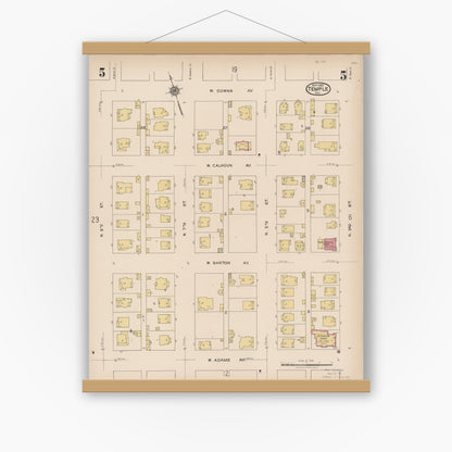 Old map wall art mockup — magnetic wood frame on white wall — Sanborn Fire Insurance Map from Temple, Bell County, Texas (1922), Sheet #0005
