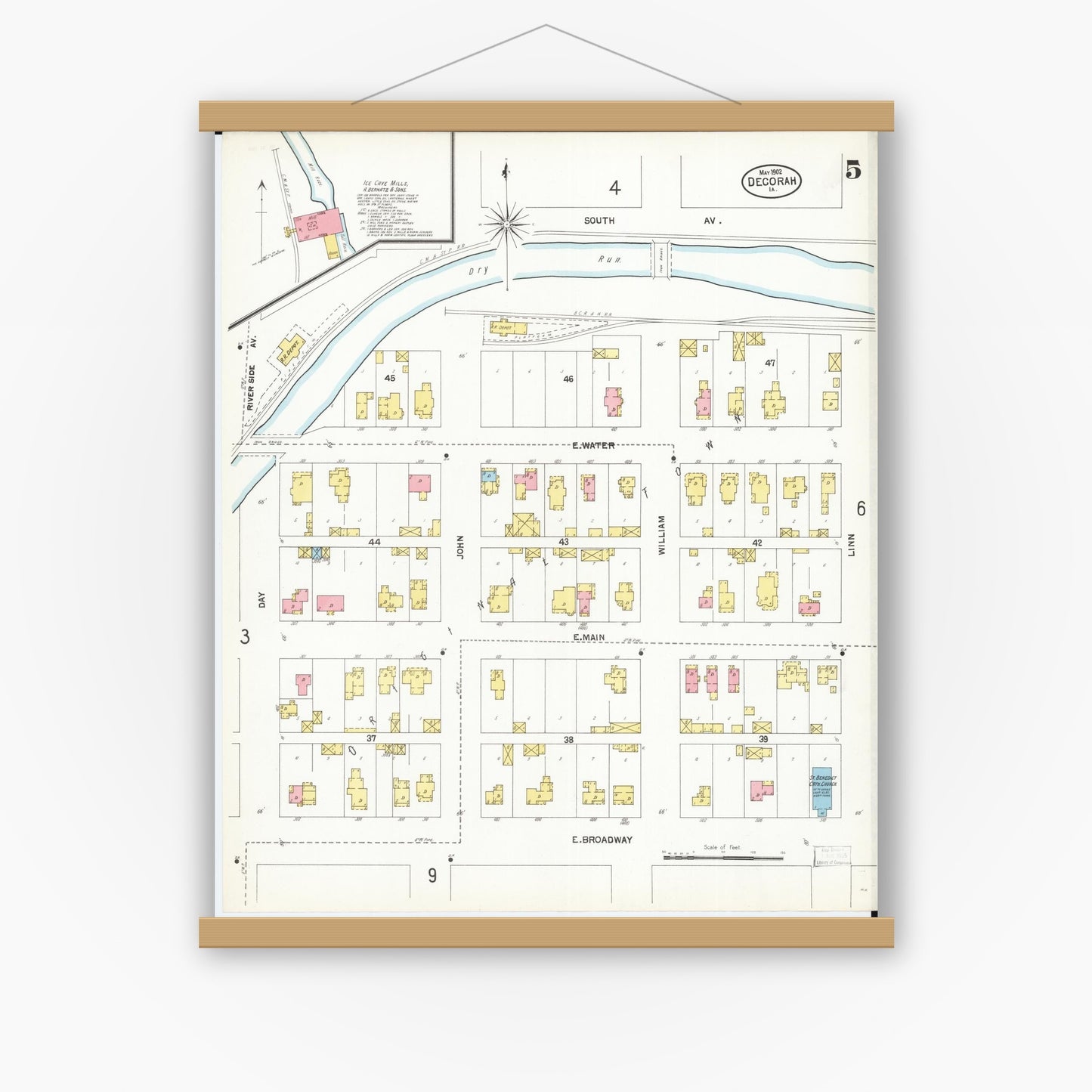 Old map wall art mockup — magnetic wood frame on white wall — Sanborn Fire Insurance Map from Decorah, Winneshiek County, Iowa (1902), Sheet #0005