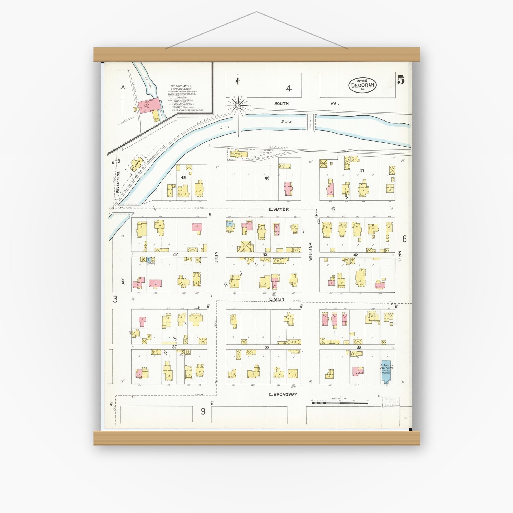 Old map wall art mockup — magnetic wood frame on white wall — Sanborn Fire Insurance Map from Decorah, Winneshiek County, Iowa (1902), Sheet #0005