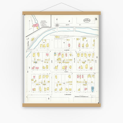 Old map wall art mockup — magnetic wood frame on white wall — Sanborn Fire Insurance Map from Decorah, Winneshiek County, Iowa (1902), Sheet #0005
