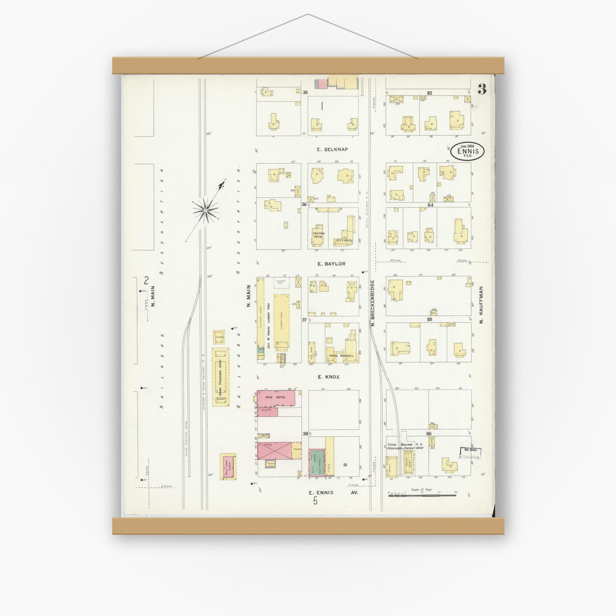 Old map wall art mockup — magnetic wood frame on white wall — Sanborn Fire Insurance Map from Ennis, Ellis County, Texas (1909), Sheet #0003