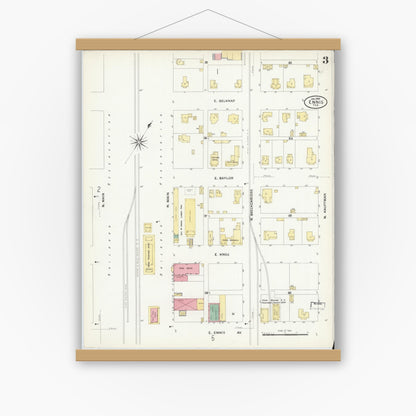 Old map wall art mockup — magnetic wood frame on white wall — Sanborn Fire Insurance Map from Ennis, Ellis County, Texas (1909), Sheet #0003