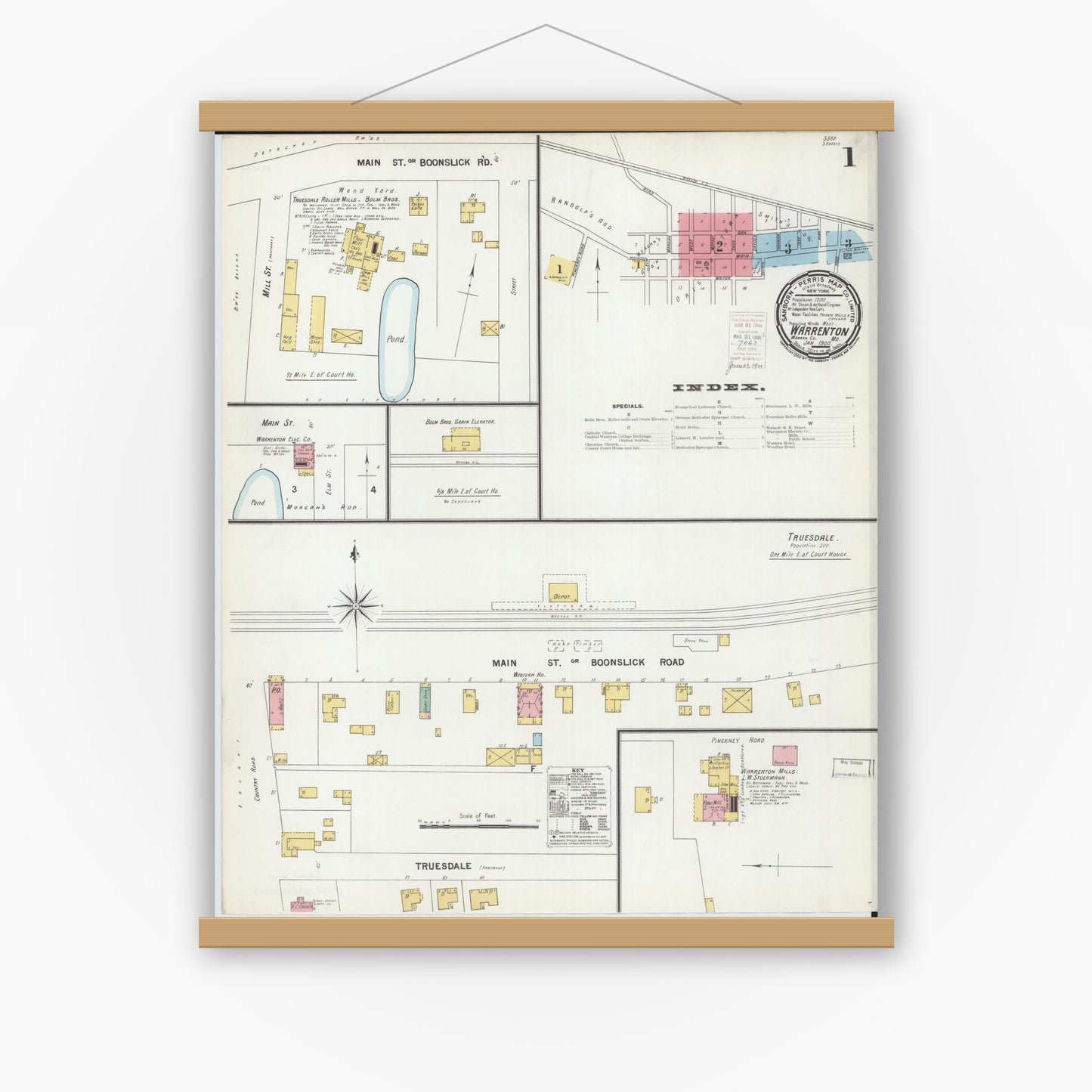 Old map wall art mockup — magnetic wood frame on white wall — Sanborn Fire Insurance Map from Warrenton, Warren County, Missouri (1900) - Complete Map Set