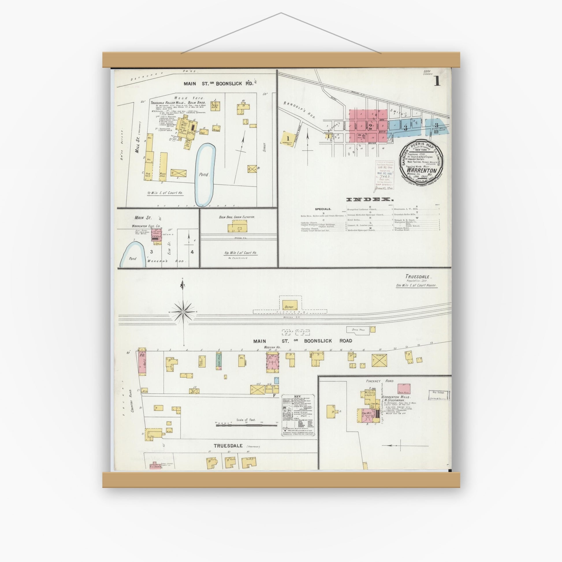 Old map wall art mockup — magnetic wood frame on white wall — Sanborn Fire Insurance Map from Warrenton, Warren County, Missouri (1900) - Complete Map Set