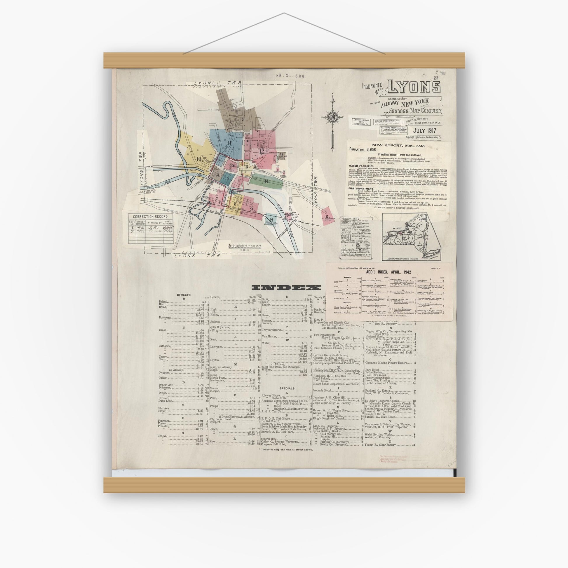 Old map wall art mockup — magnetic wood frame on white wall — Sanborn Fire Insurance Map from Lyons, Wayne County, New York (1949) - Complete Map Set