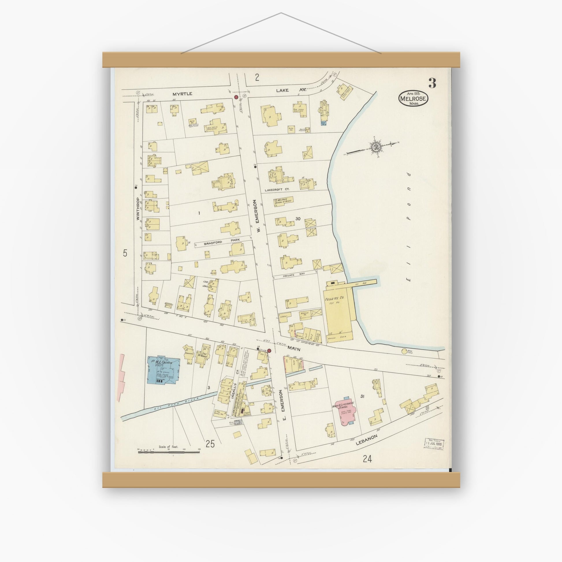 Old map wall art mockup — magnetic wood frame on white wall — Sanborn Fire Insurance Map from Melrose, Middlesex County, Massachusetts (1915), Sheet #0003