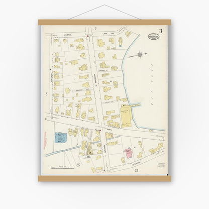 Old map wall art mockup — magnetic wood frame on white wall — Sanborn Fire Insurance Map from Melrose, Middlesex County, Massachusetts (1915), Sheet #0003
