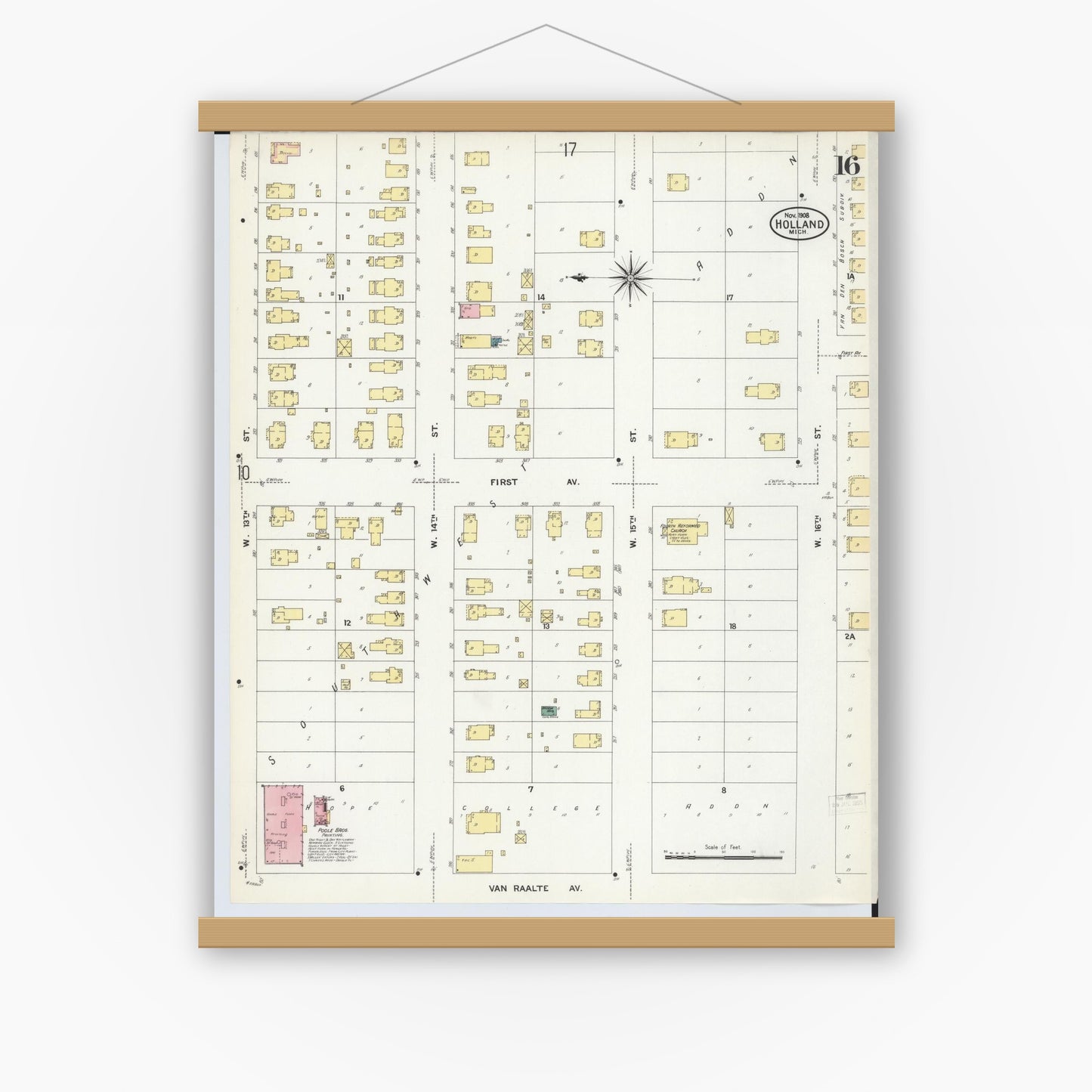 Old map wall art mockup — magnetic wood frame on white wall — Sanborn Fire Insurance Map from Holland, Ottawa County, Michigan (1908), Sheet #0016