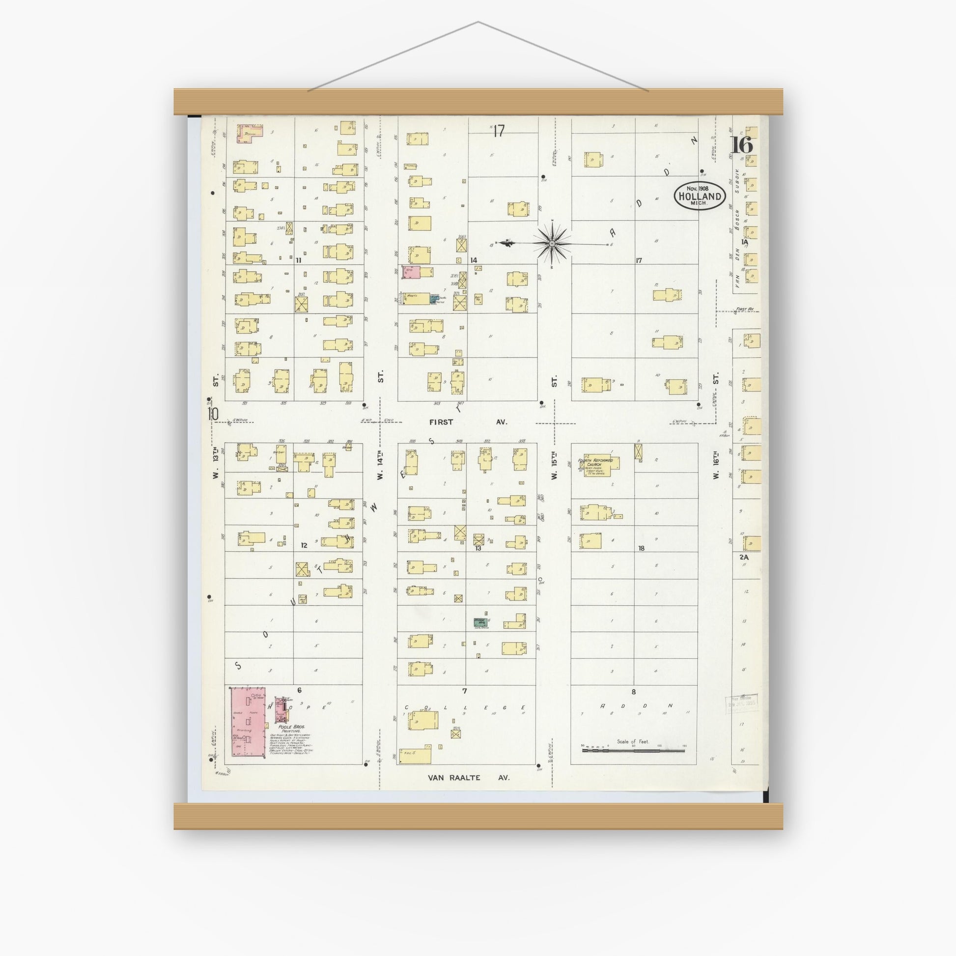 Old map wall art mockup — magnetic wood frame on white wall — Sanborn Fire Insurance Map from Holland, Ottawa County, Michigan (1908), Sheet #0016