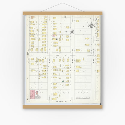 Old map wall art mockup — magnetic wood frame on white wall — Sanborn Fire Insurance Map from Holland, Ottawa County, Michigan (1908), Sheet #0016