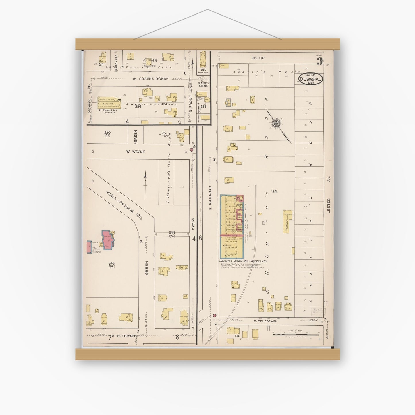 Old map wall art mockup — magnetic wood frame on white wall — Sanborn Fire Insurance Map from Dowagiac, Cass County, Michigan (1922), Sheet #0003