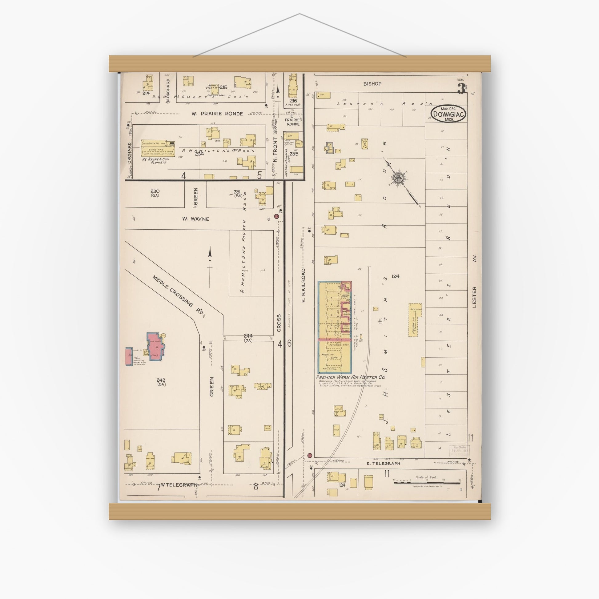 Old map wall art mockup — magnetic wood frame on white wall — Sanborn Fire Insurance Map from Dowagiac, Cass County, Michigan (1922), Sheet #0003