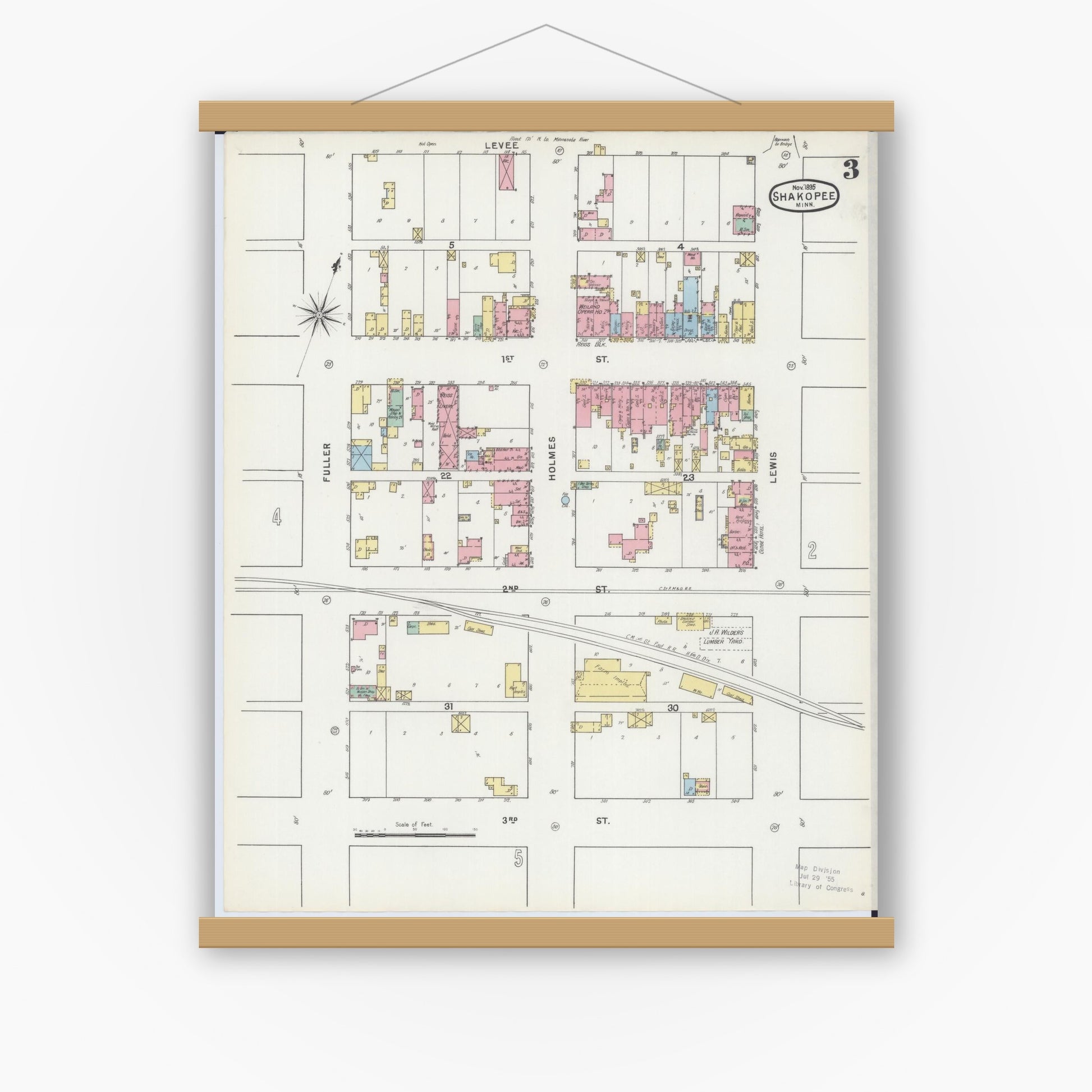 Old map wall art mockup — magnetic wood frame on white wall — Sanborn Fire Insurance Map from Shakopee, Scott County, Minnesota (1895), Sheet #0003