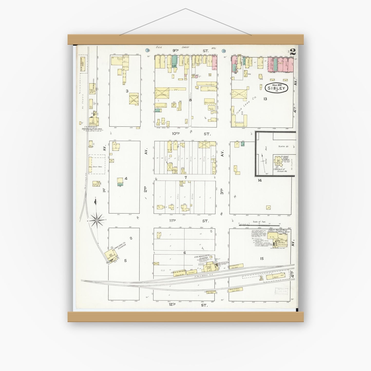 Old map wall art mockup — magnetic wood frame on white wall — Sanborn Fire Insurance Map from Sibley, Osceola County, Iowa (1892), Sheet #0002