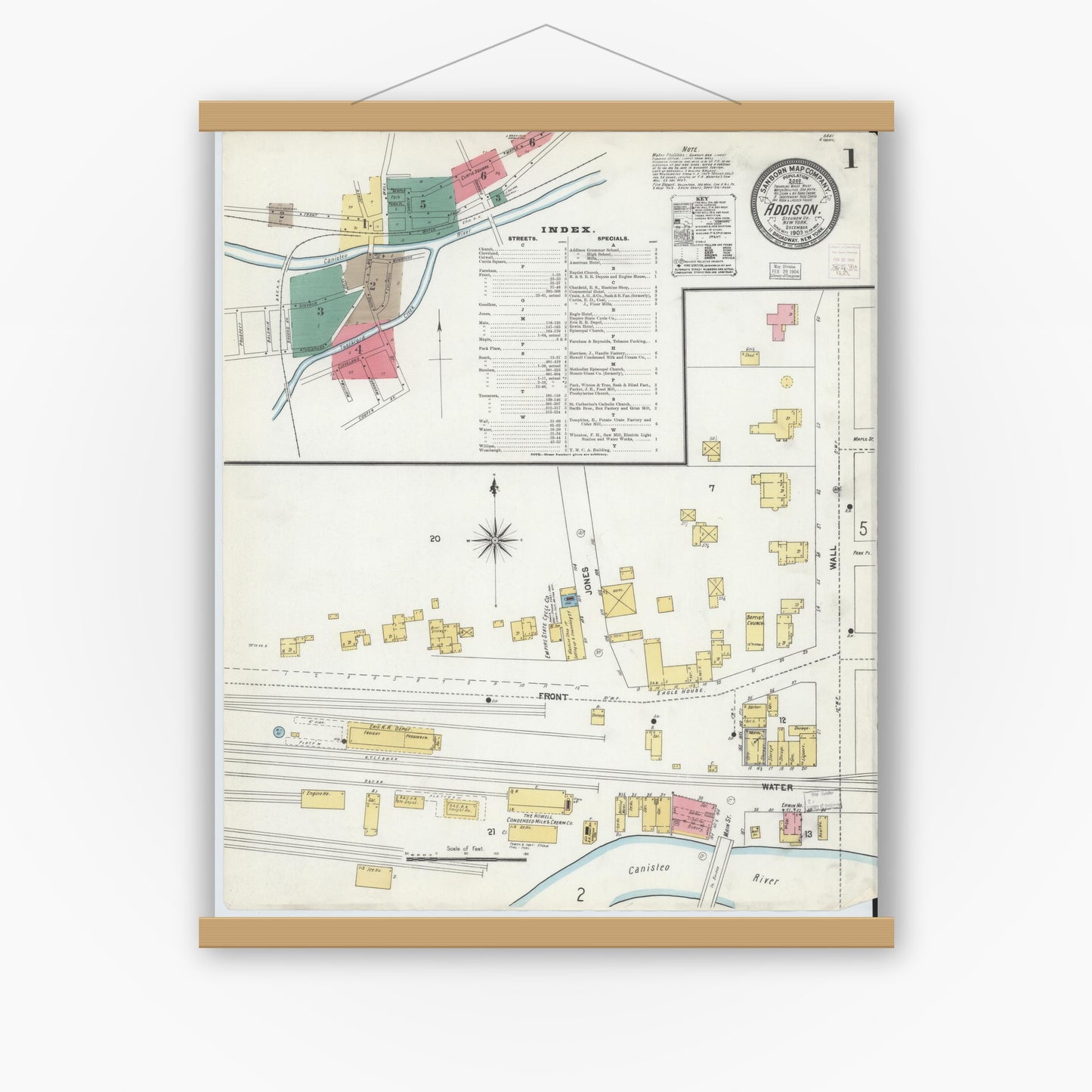 Old map wall art mockup — magnetic wood frame on white wall — Sanborn Fire Insurance Map from Addison, Steuben County, New York (1903), Sheet #0001