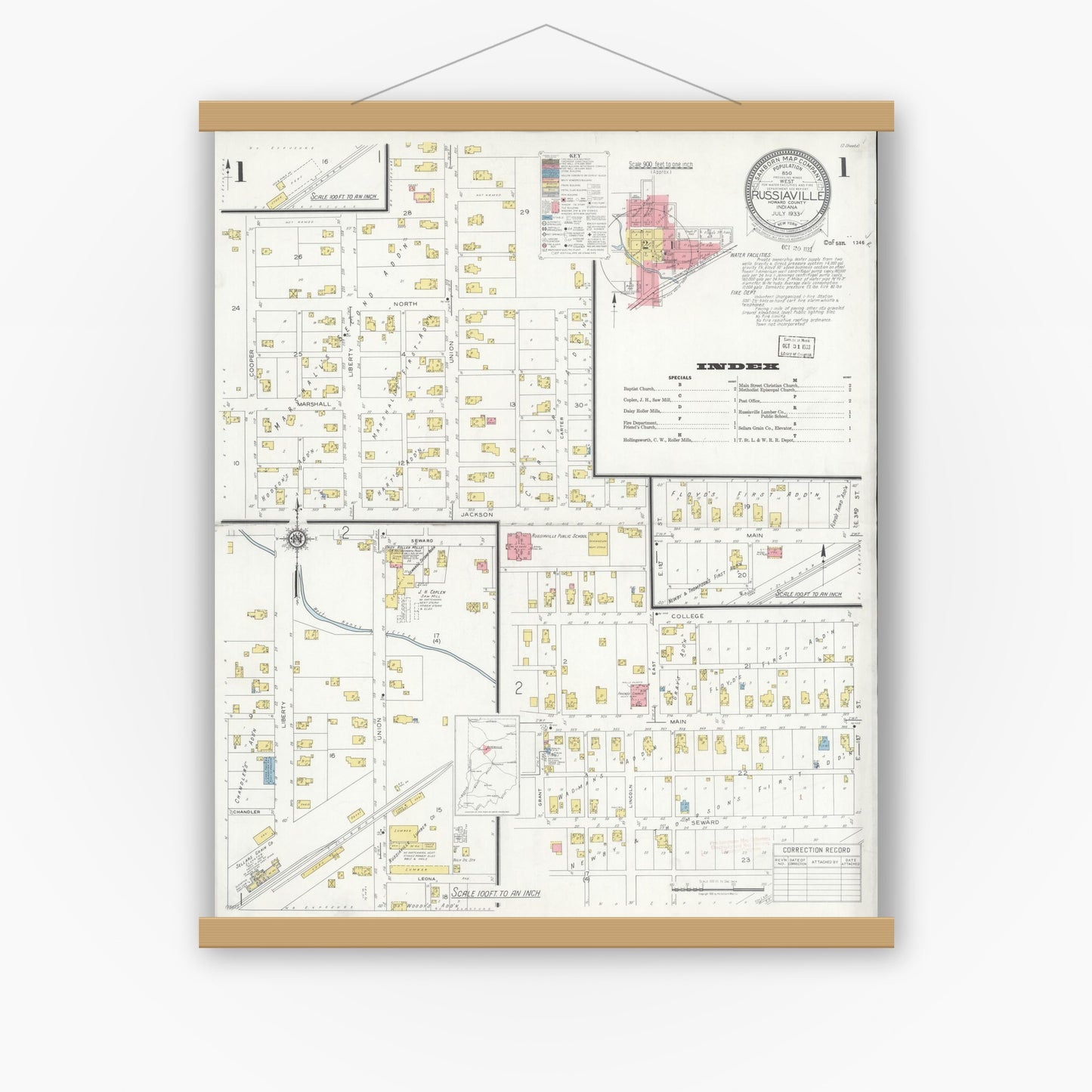 Old map wall art mockup — magnetic wood frame on white wall — Sanborn Fire Insurance Map from Russiaville, Howard County, Indiana (1933) - Complete Map Set