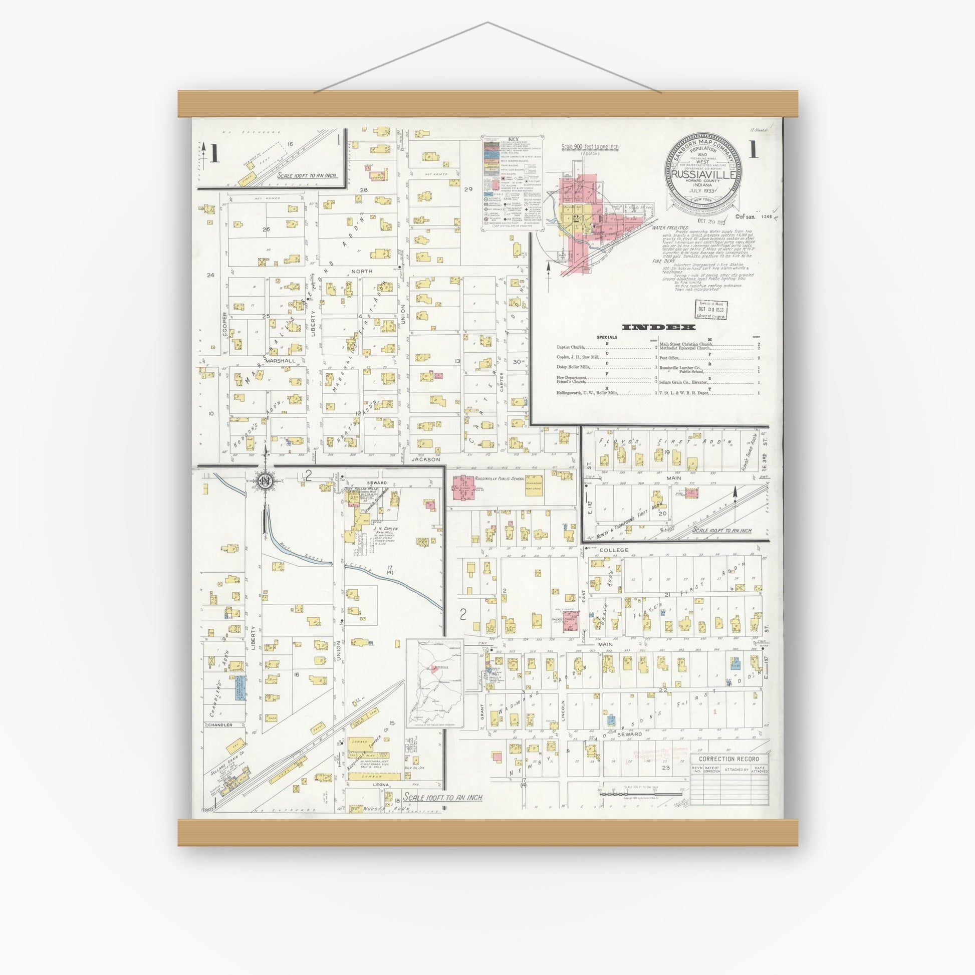 Old map wall art mockup — magnetic wood frame on white wall — Sanborn Fire Insurance Map from Russiaville, Howard County, Indiana (1933) - Complete Map Set