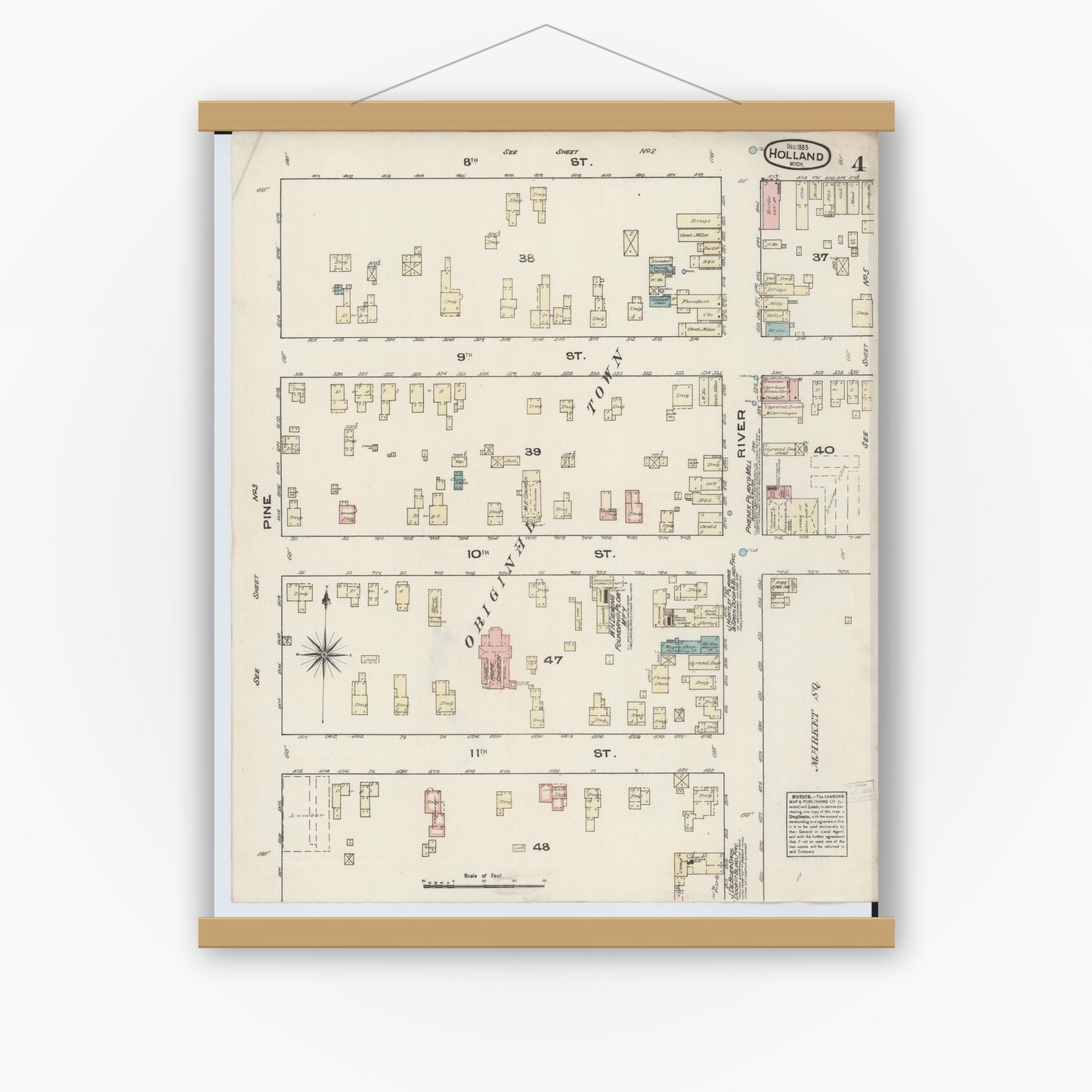 Old map wall art mockup — magnetic wood frame on white wall — Sanborn Fire Insurance Map from Holland, Ottawa County, Michigan (1883), Sheet #0004