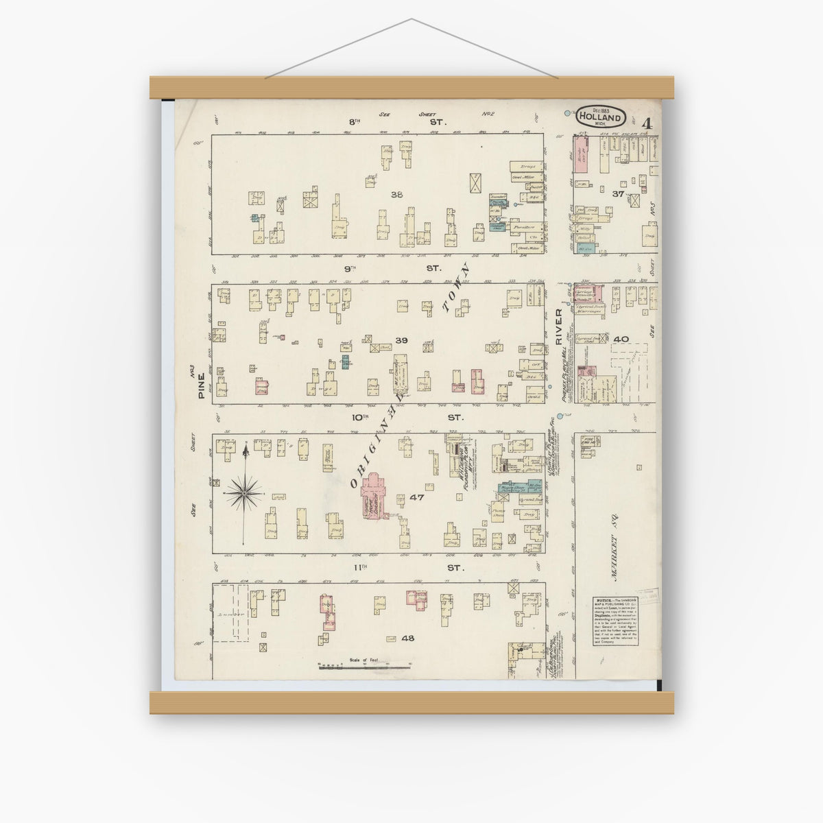 Old map wall art mockup — magnetic wood frame on white wall — Sanborn Fire Insurance Map from Holland, Ottawa County, Michigan (1883), Sheet #0004