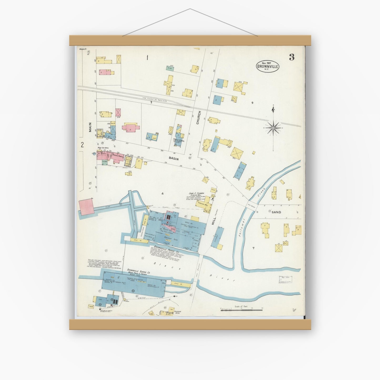 Old map wall art mockup — magnetic wood frame on white wall — Sanborn Fire Insurance Map from Brownville, Jefferson County, New York (1907), Sheet #0003