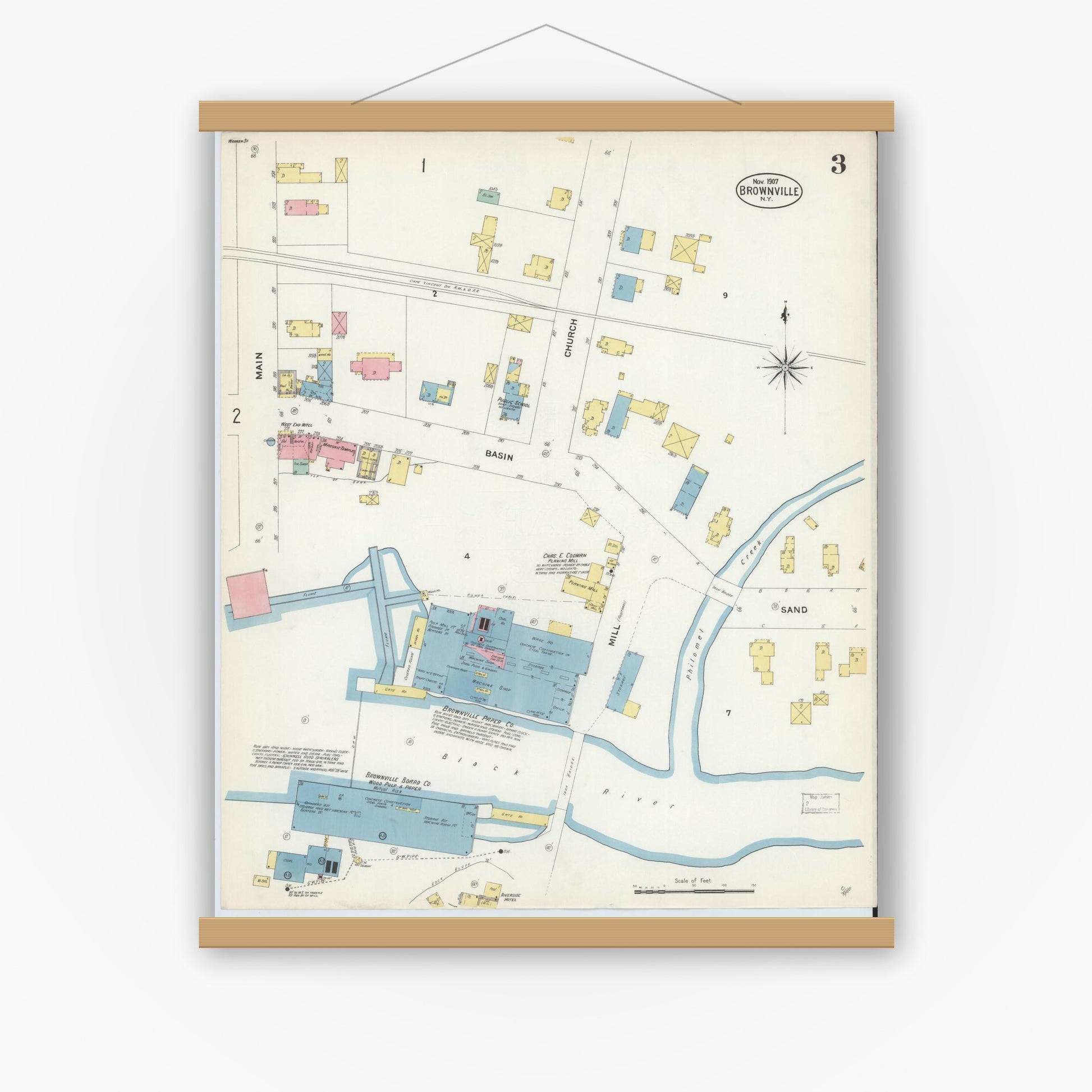 Old map wall art mockup — magnetic wood frame on white wall — Sanborn Fire Insurance Map from Brownville, Jefferson County, New York (1907), Sheet #0003