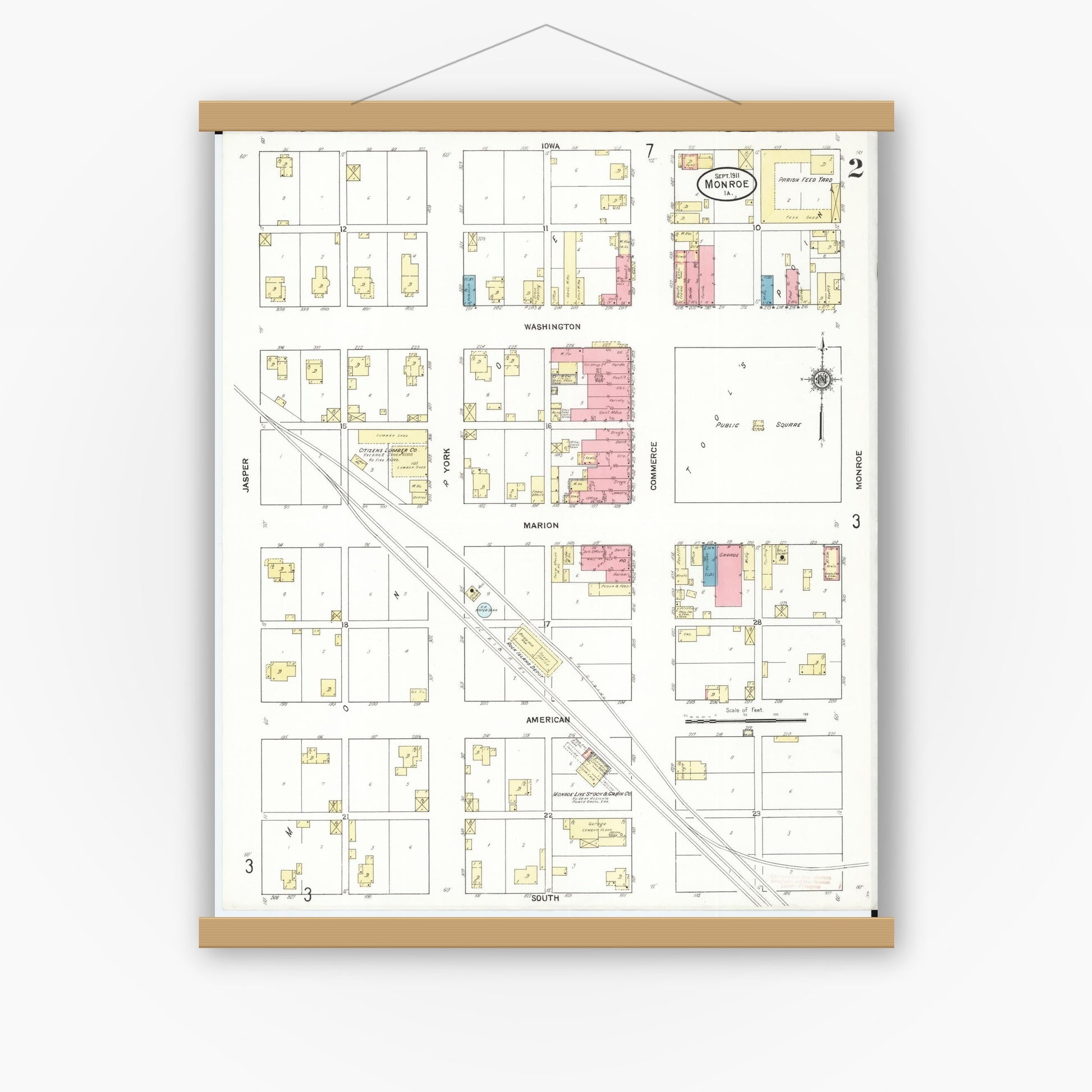 Old map wall art mockup — magnetic wood frame on white wall — Sanborn Fire Insurance Map from Monroe, Jasper County, Iowa (1911), Sheet #0002
