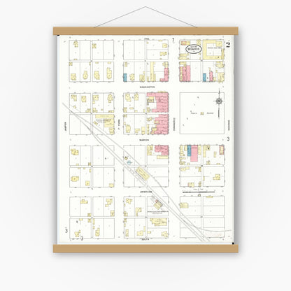 Old map wall art mockup — magnetic wood frame on white wall — Sanborn Fire Insurance Map from Monroe, Jasper County, Iowa (1911), Sheet #0002