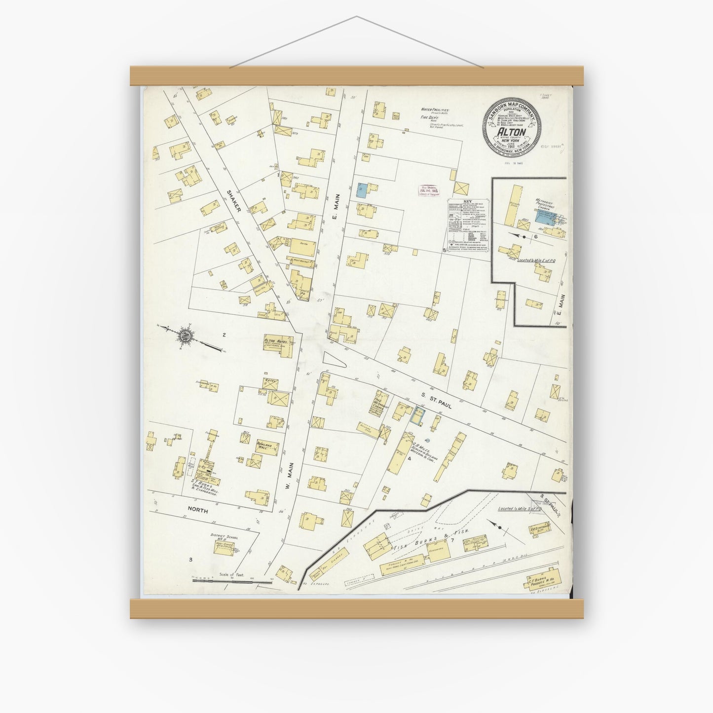 Old map wall art mockup — magnetic wood frame on white wall — Sanborn Fire Insurance Map from Alton, Wayne County, New York (1911), Sheet #0001