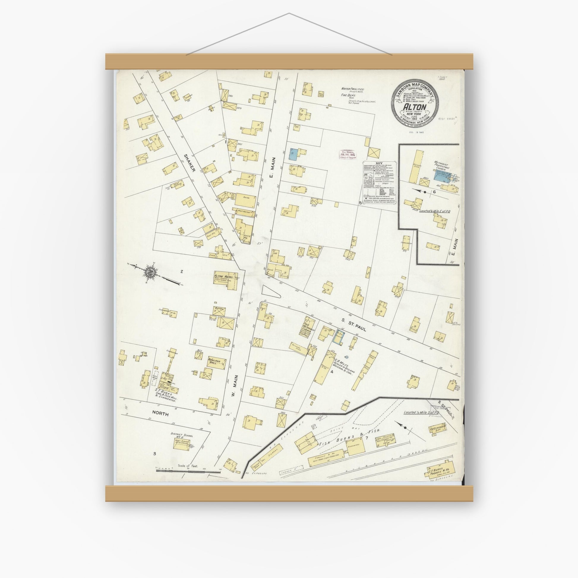 Old map wall art mockup — magnetic wood frame on white wall — Sanborn Fire Insurance Map from Alton, Wayne County, New York (1911), Sheet #0001