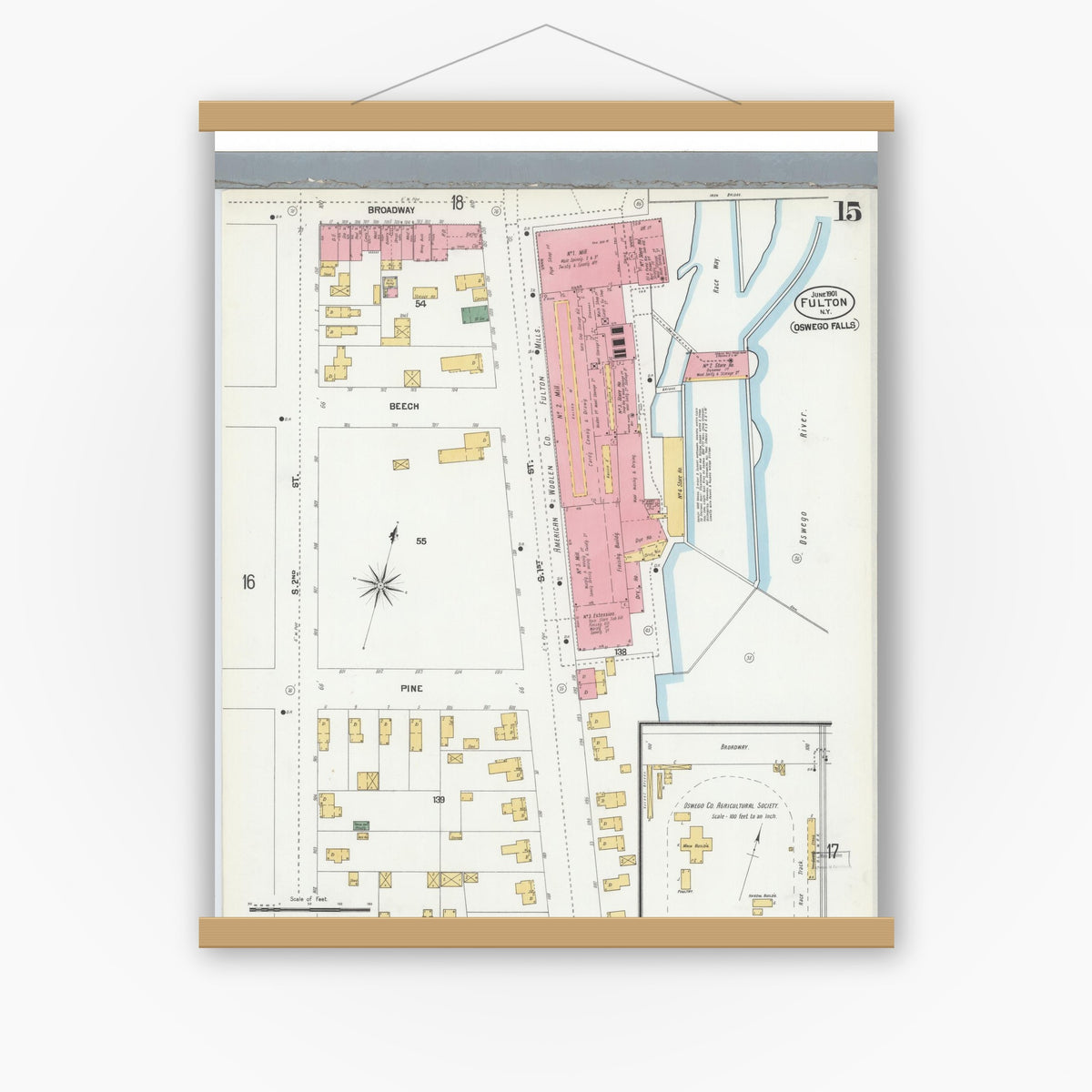 Old map wall art mockup — magnetic wood frame on white wall — Sanborn Fire Insurance Map from Fulton, Oswego County, New York (1901), Sheet #0015