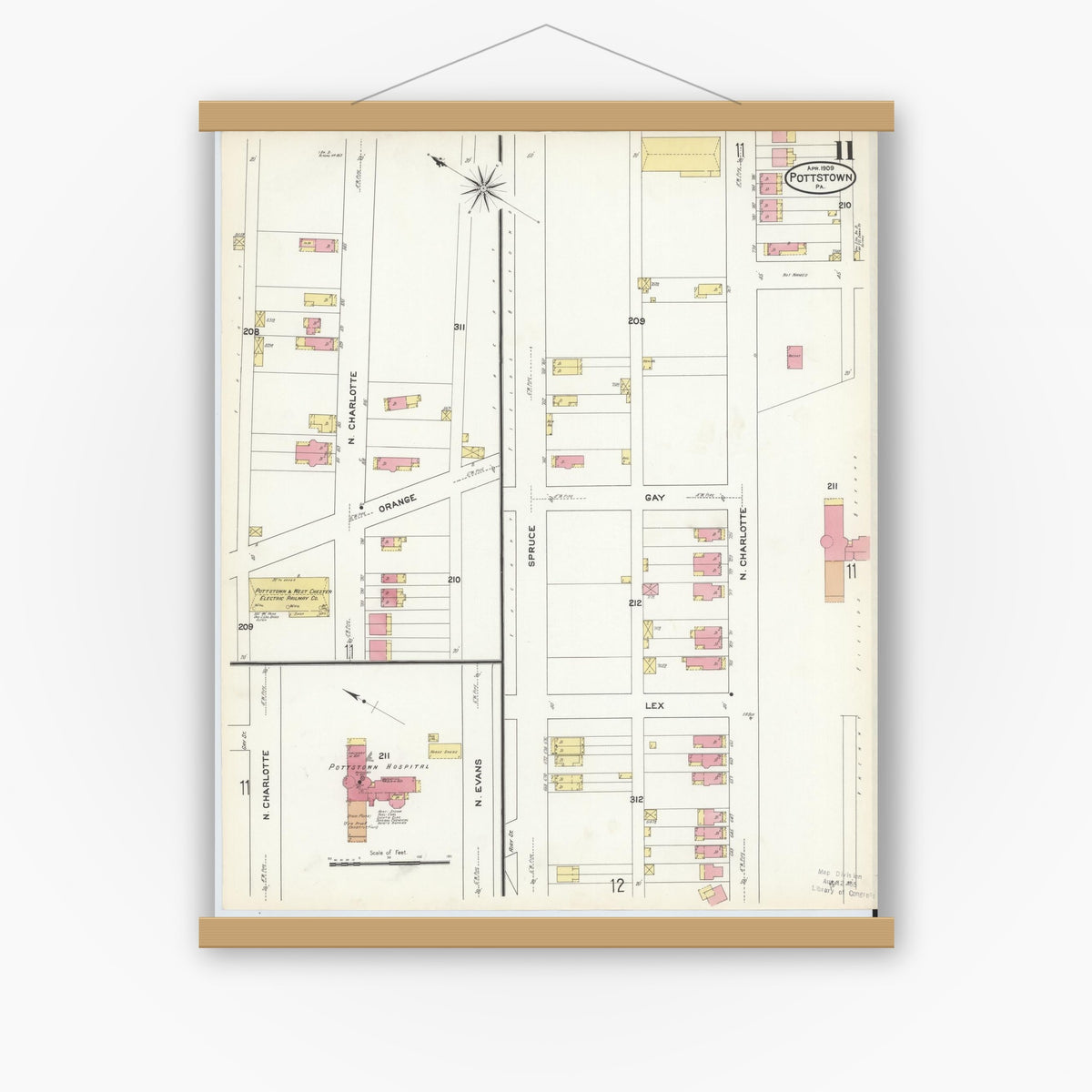 Old map wall art mockup — magnetic wood frame on white wall — Sanborn Fire Insurance Map from Pottstown, Montgomery County, Pennsylvania (1909), Sheet #0011