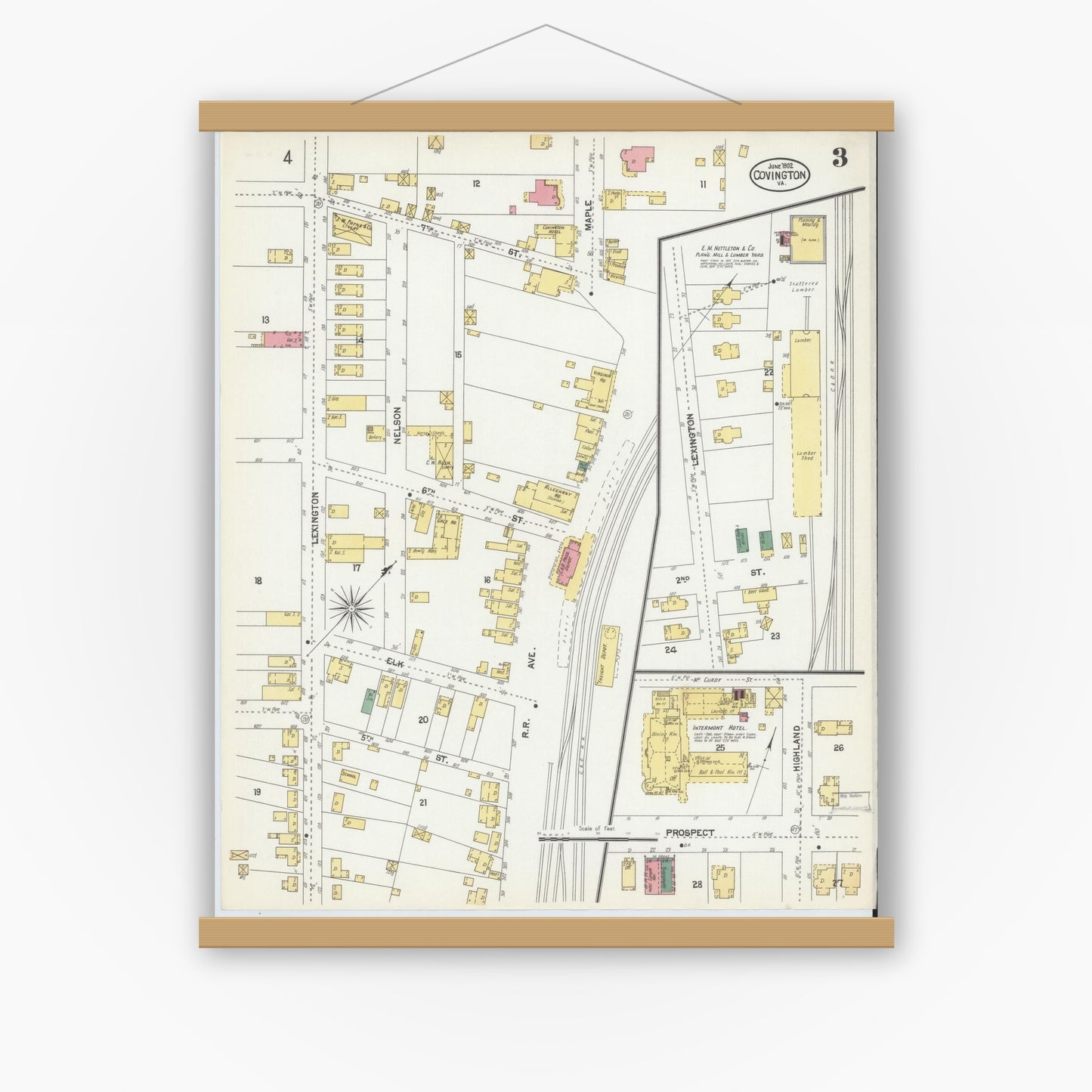 Old map wall art mockup — magnetic wood frame on white wall — Sanborn Fire Insurance Map from Covington, Independent Cities, Virginia (1902), Sheet #0003