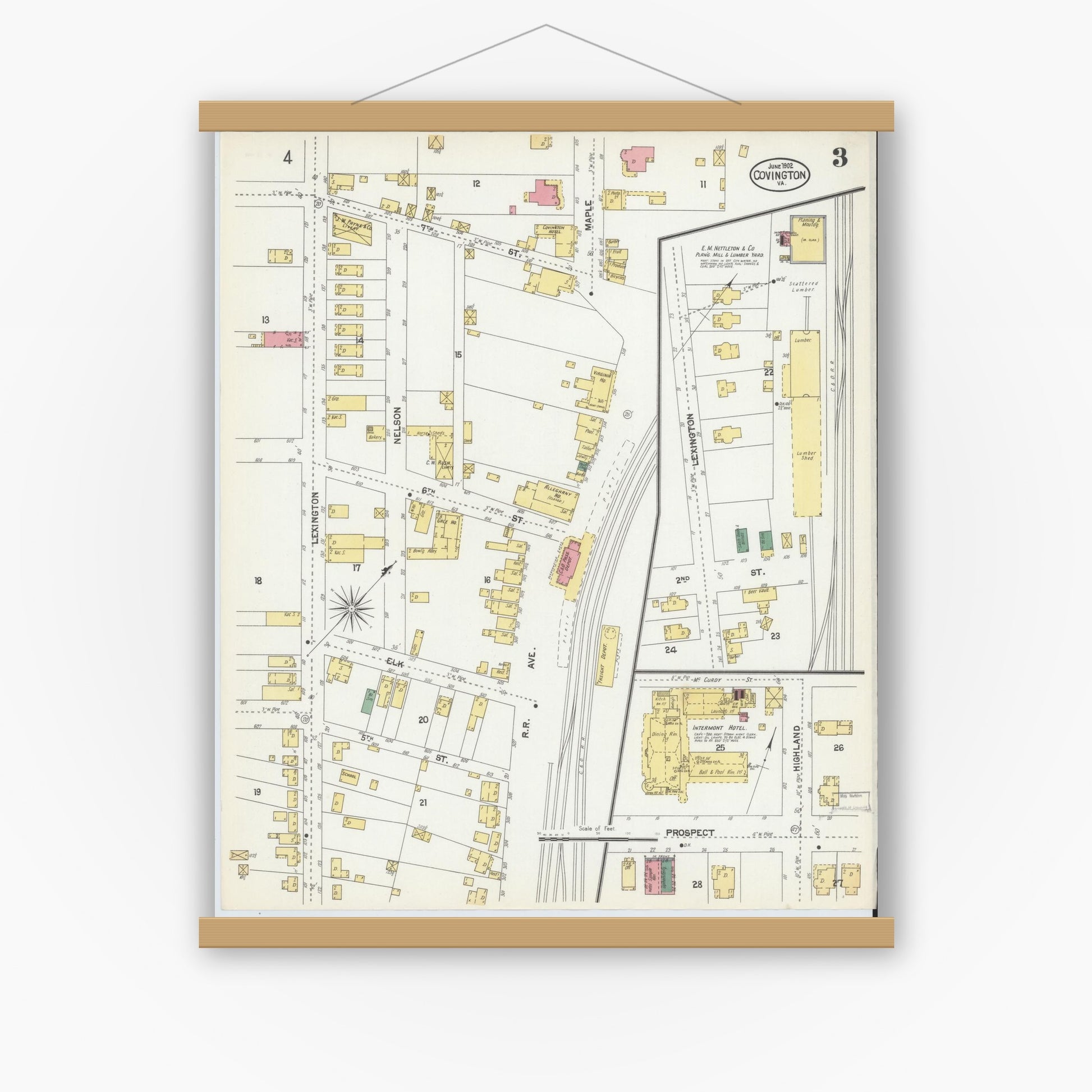 Old map wall art mockup — magnetic wood frame on white wall — Sanborn Fire Insurance Map from Covington, Independent Cities, Virginia (1902), Sheet #0003