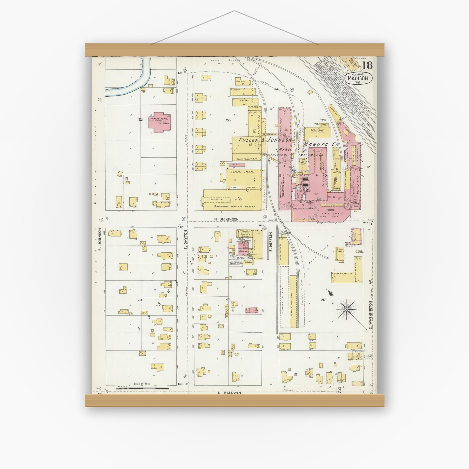 Old map wall art mockup — magnetic wood frame on white wall — Sanborn Fire Insurance Map from Madison, Dane County, Wisconsin (1902), Sheet #0018