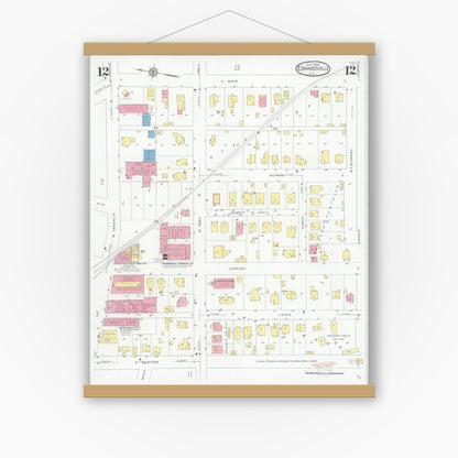 Old map wall art mockup — magnetic wood frame on white wall — Sanborn Fire Insurance Map from Edwardsville, Madison County, Illinois (1930), Sheet #0012