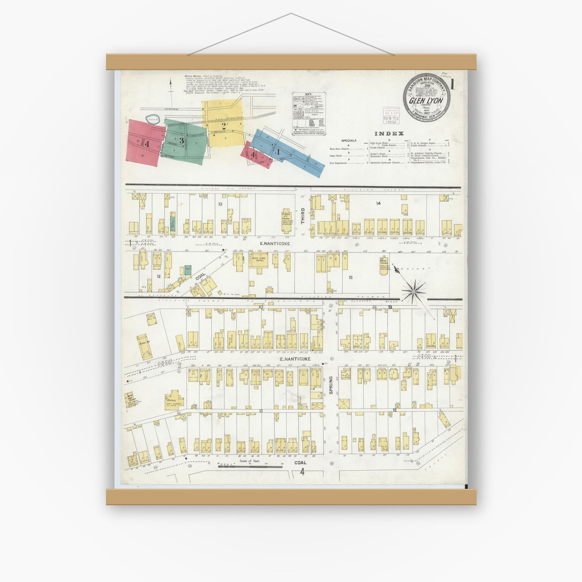 Old map wall art mockup — magnetic wood frame on white wall — Sanborn Fire Insurance Map from Glen Lyon, Luzerne County, Pennsylvania (1907), Sheet #0001
