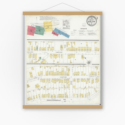 Old map wall art mockup — magnetic wood frame on white wall — Sanborn Fire Insurance Map from Glen Lyon, Luzerne County, Pennsylvania (1907), Sheet #0001