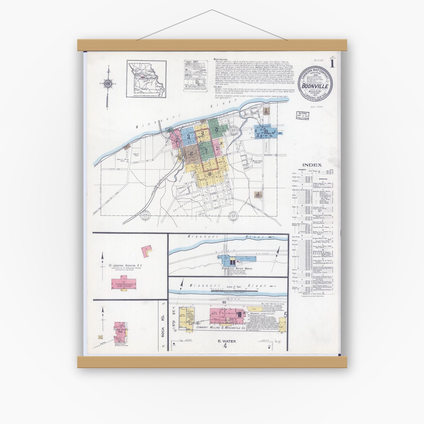 Old map wall art mockup — magnetic wood frame on white wall — Sanborn Fire Insurance Map from Boonville, Cooper County, Missouri (1917) - Complete Map Set