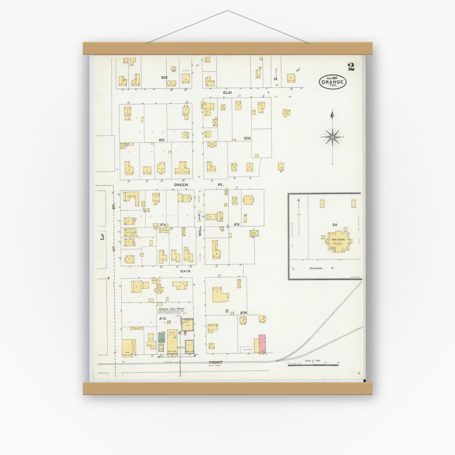 Old map wall art mockup — magnetic wood frame on white wall — Sanborn Fire Insurance Map from Orange, Orange County, Texas (1904), Sheet #0002
