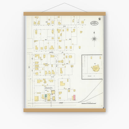 Old map wall art mockup — magnetic wood frame on white wall — Sanborn Fire Insurance Map from Orange, Orange County, Texas (1904), Sheet #0002