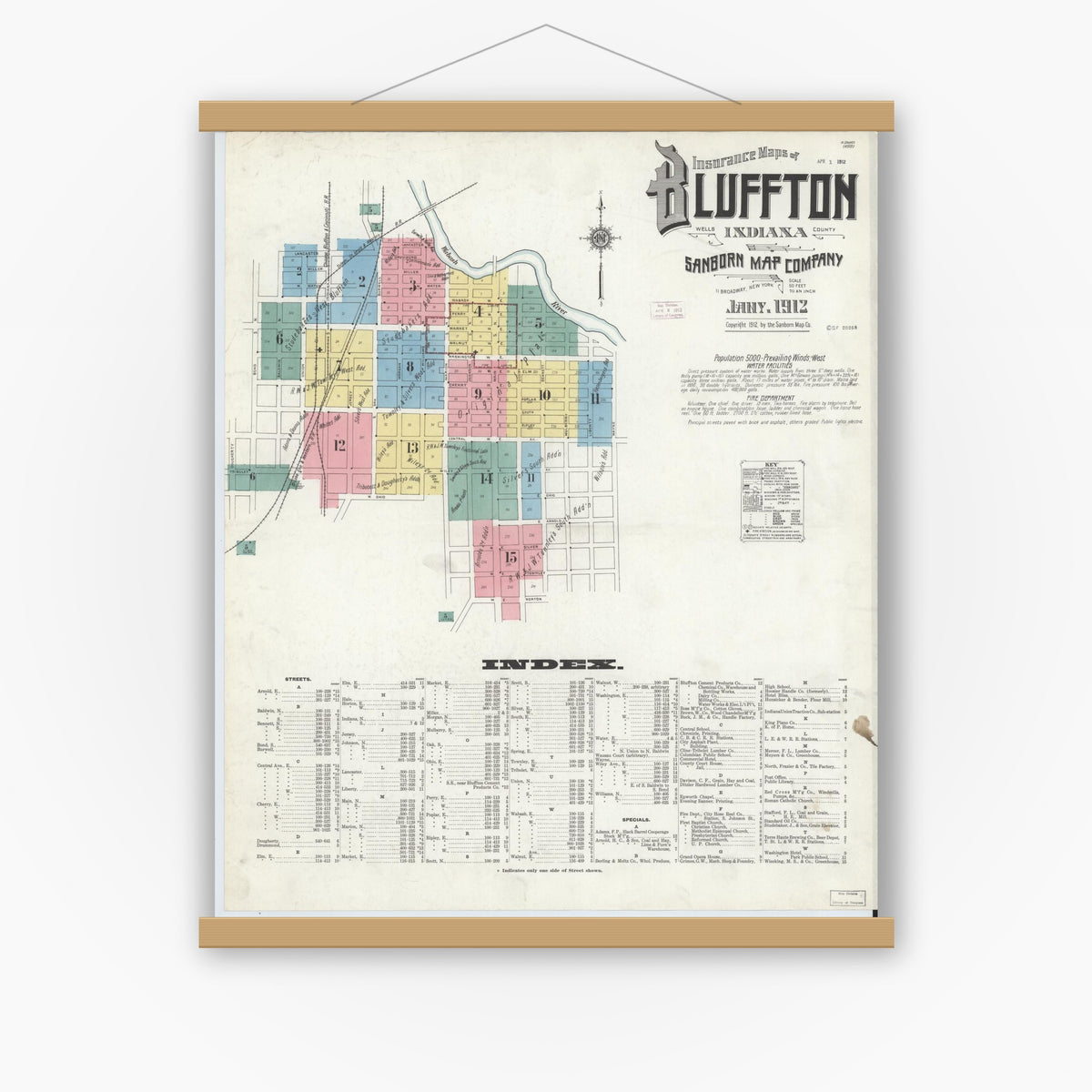 Old map wall art mockup — magnetic wood frame on white wall — Sanborn Fire Insurance Map from Bluffton, Wells County, Indiana (1912) - Complete Map Set