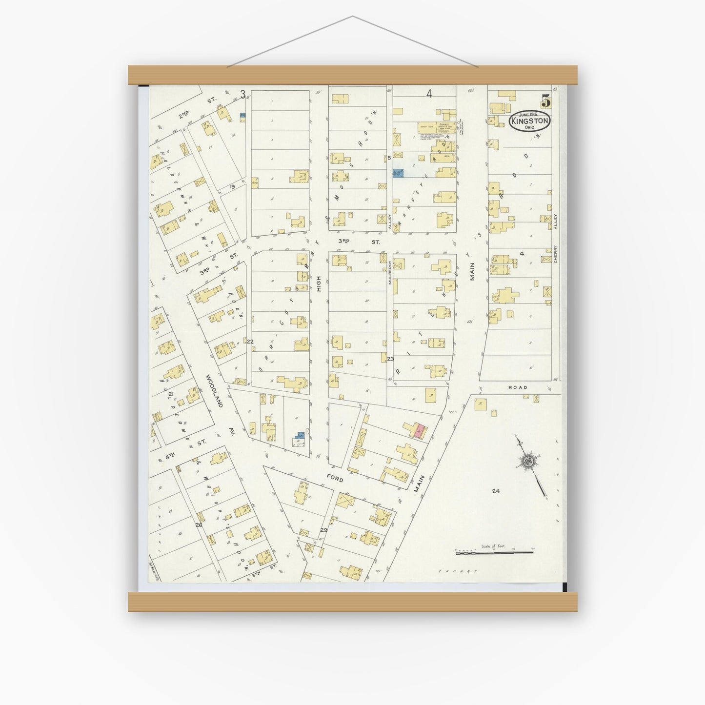 Old map wall art mockup — magnetic wood frame on white wall — Sanborn Fire Insurance Map from Kingston, Ross County, Ohio (1915), Sheet #0005