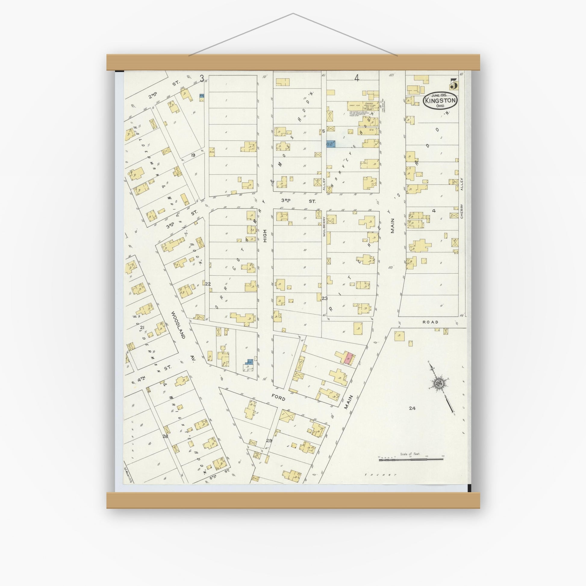 Old map wall art mockup — magnetic wood frame on white wall — Sanborn Fire Insurance Map from Kingston, Ross County, Ohio (1915), Sheet #0005