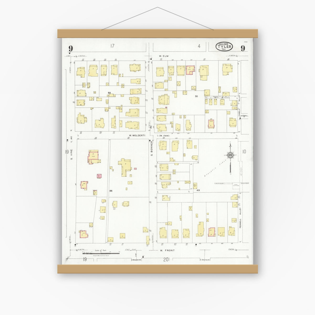 Old map wall art mockup — magnetic wood frame on white wall — Sanborn Fire Insurance Map from Tyler, Smith County, Texas (1928), Sheet #0009