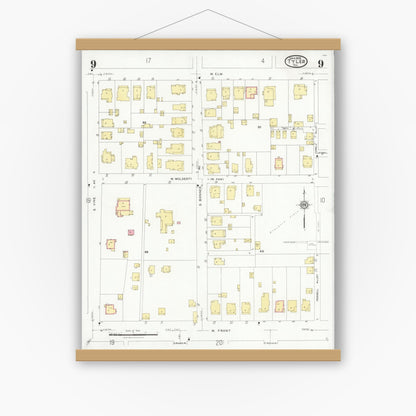 Old map wall art mockup — magnetic wood frame on white wall — Sanborn Fire Insurance Map from Tyler, Smith County, Texas (1928), Sheet #0009