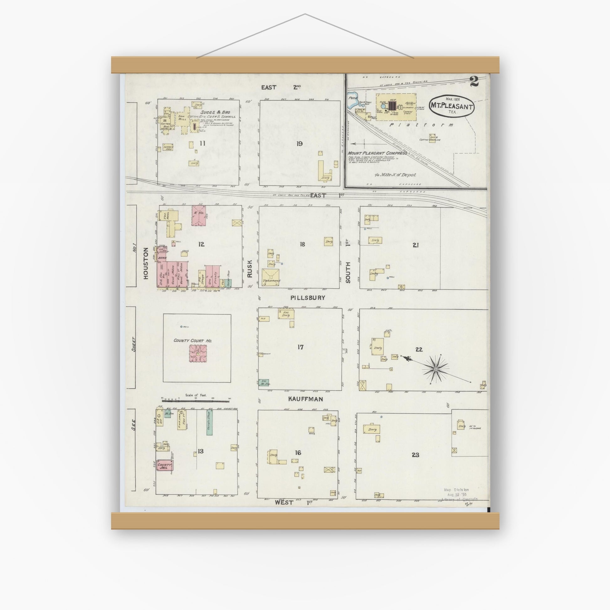 Old map wall art mockup — magnetic wood frame on white wall — Sanborn Fire Insurance Map from Mount Pleasant, Titus County, Texas (1891), Sheet #0002
